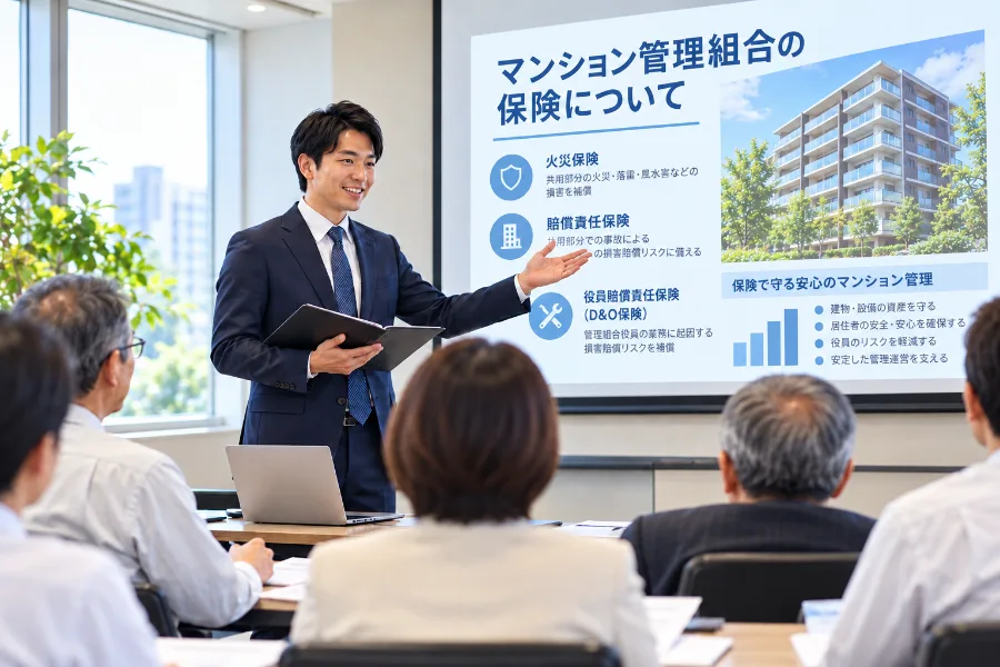 担当者が理事会で保険について説明している様子