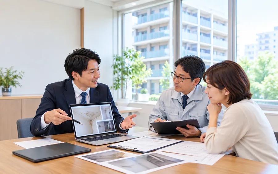 担当者が管理会社や管理組合と被害状況を確認している様子