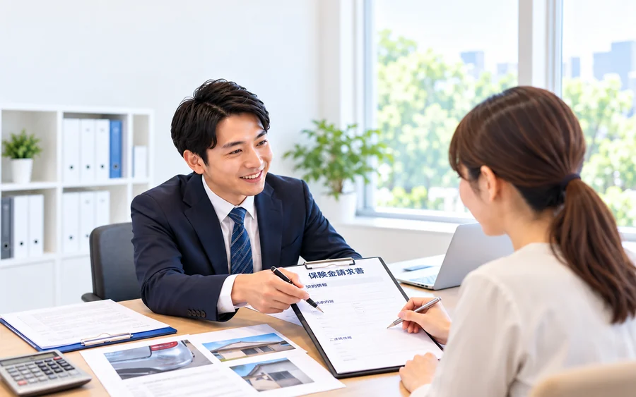 担当者が保険金請求書の書き方を説明している様子