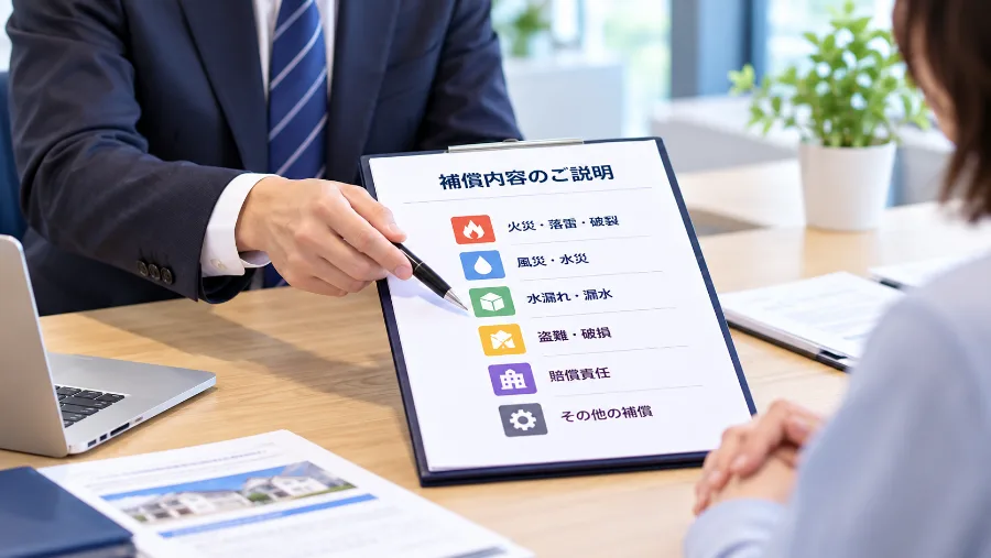 担当者が補償内容の資料を示しながら説明している様子