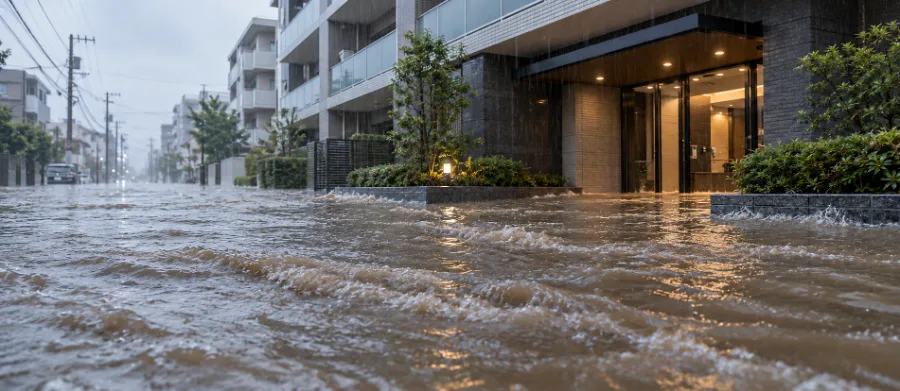 大雨で冠水したマンション前の道路