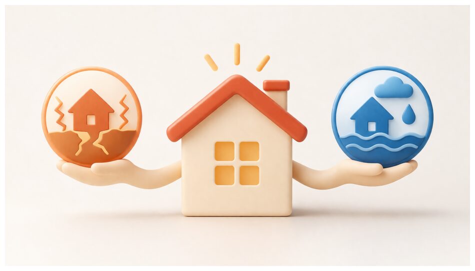 火災保険が地震保険と水災補償を持っているイメージ