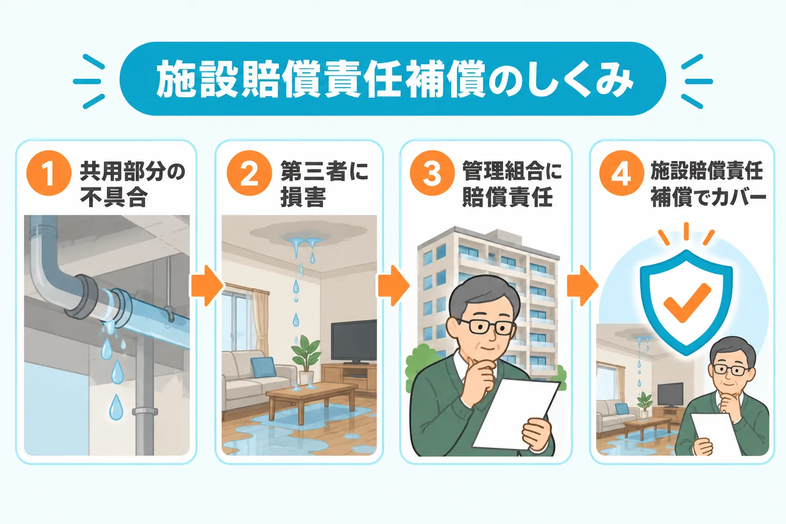 共用部分の不具合で住民や来客に損害を与えた際、管理組合が負う賠償金を施設賠償責任補償がカバーする流れを示した4ステップの図解